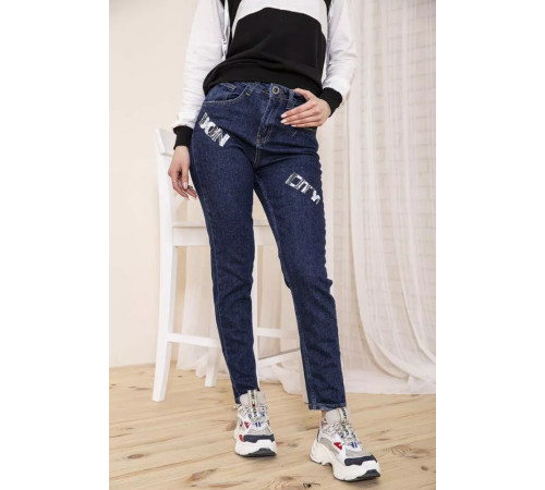 Жіночі прямі джинси, темно-синього кольору з принтом, 164R1024-5
