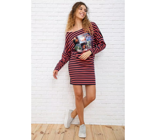 Короткое платье, в розово-синюю полоску с принтом, 167R149-2.