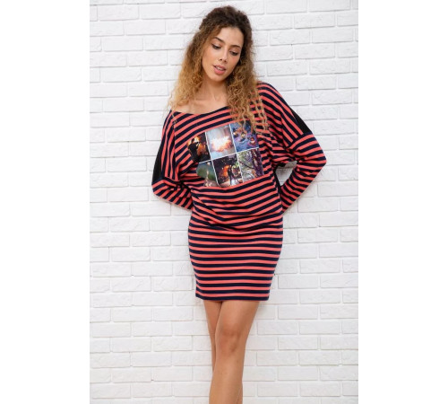 Короткое платье, в розово-синюю полоску с принтом, 167R149-2.