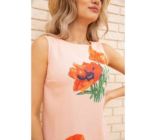 Короткое платье из льна, с цветами Маки, цвет Персиковый, 172R019-1