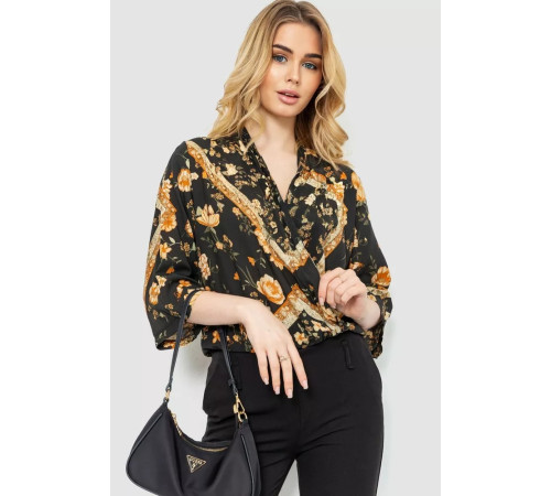 Боди с цветочным принтом, цвет черно-бежевый, 244R049