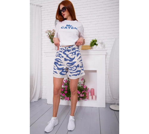 Джинсові жіночі шорти, в бежево-синій принт, 164R5555