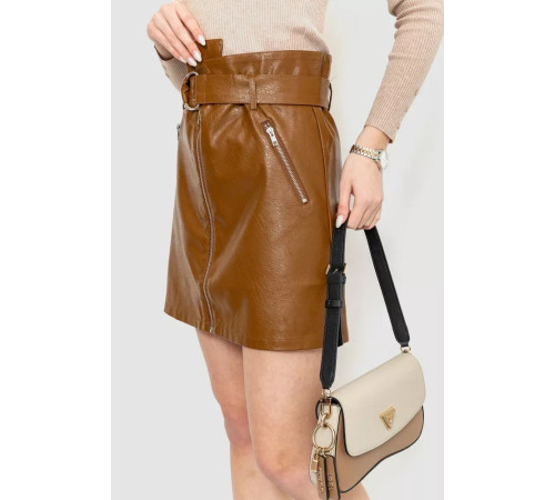 Спідниця з екошкіри з поясом, колір коричневий, 186R6612