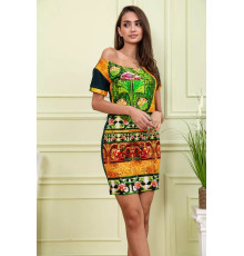 Летнее платье прямого кроя, цвет Зеленый с принтом, 167R122-1