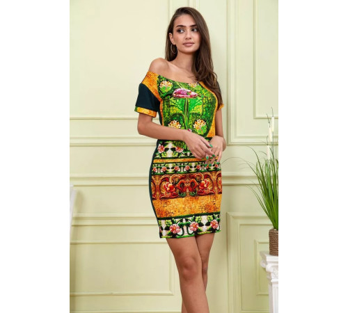 Летнее платье прямого кроя, цвет Зеленый с принтом, 167R122-1