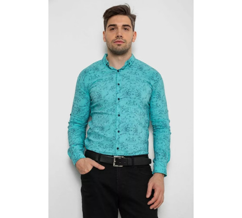 Рубашка мужская с принтом стрейч, цвет бирюзовый, 214R1054.