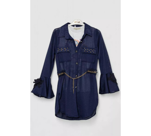 Платье-рубашка в комплекте с майкой для девочек, цвет темно-синий, 247R0495