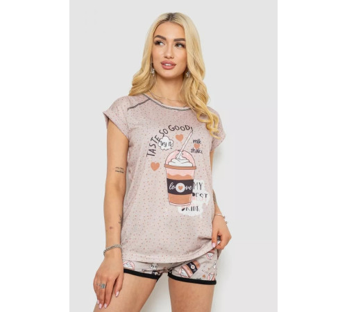 Піжама жіноча з принтом, колір бежевий, 243R7007-17