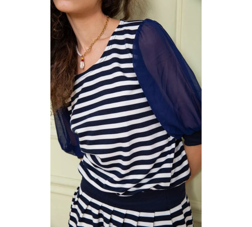 Короткое платье в полоску, сине-белого цвета, 167R075