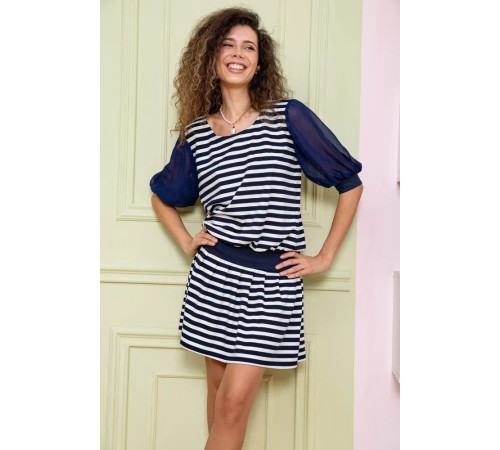 Короткое платье в полоску, сине-белого цвета, 167R075