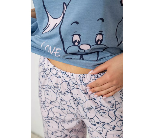 Піжама жіноча з принтом, колір джинс, 243R7106