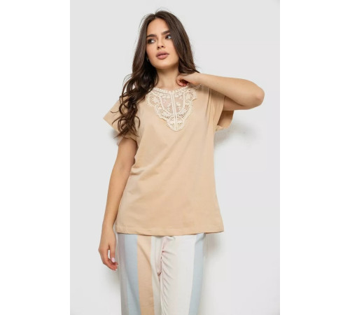 Піжама жіноча з принтом, колір бежевий, 243R1600-019