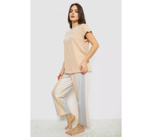 Піжама жіноча з принтом, колір бежевий, 243R1600-019