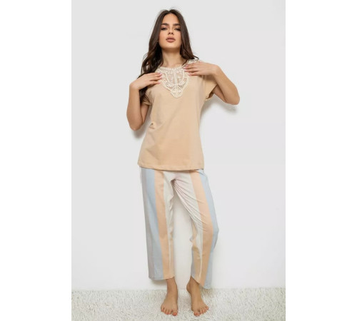 Піжама жіноча з принтом, колір бежевий, 243R1600-019