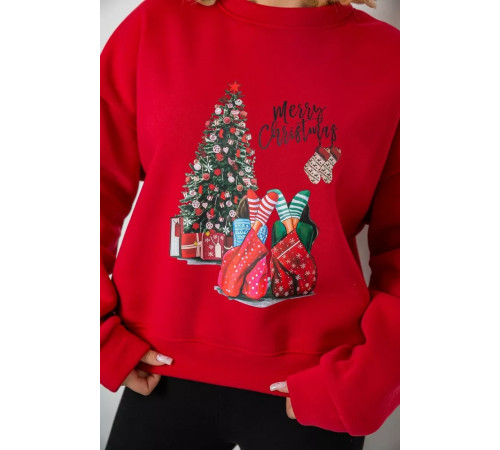 Батник жіночий на флісі з новорічним принтом, колір червоний, 241R4002