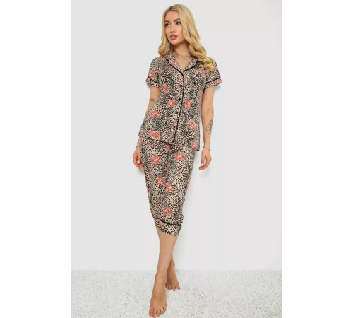 Піжама жіноча з принтом, колір бежевий, 243R19012