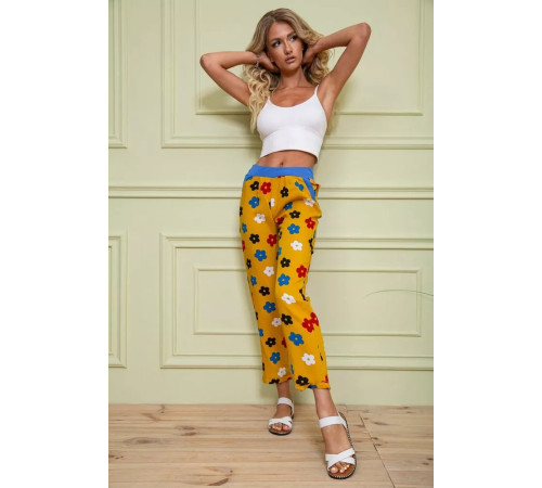Літні жіночі штани, гірчичного кольору в принт, 172R064