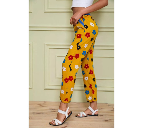 Літні жіночі штани, гірчичного кольору в принт, 172R064