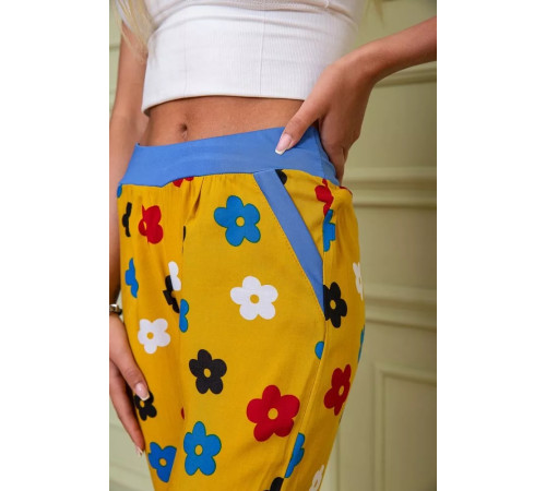 Літні жіночі штани, гірчичного кольору в принт, 172R064