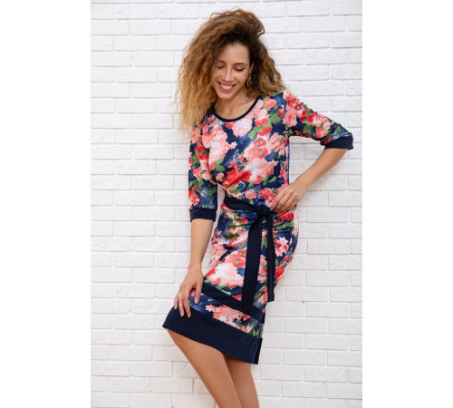 Квітчаста сукня з поясом, синього кольору, 167R161-1
