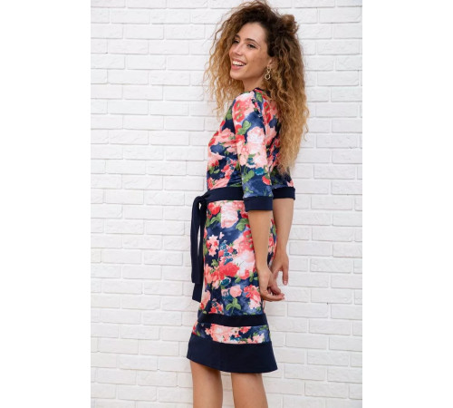 Квітчаста сукня з поясом, синього кольору, 167R161-1