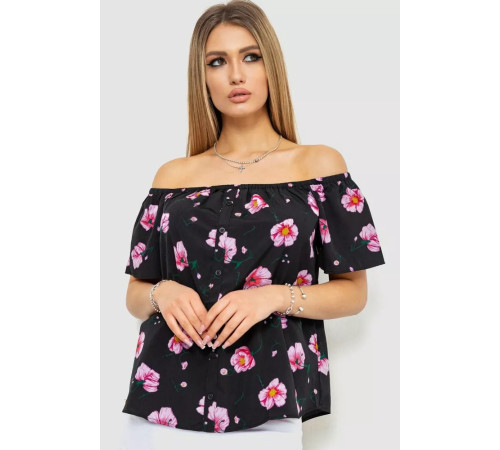 Блуза з квітковим принтом, колір чорно-бузковий, 244R088