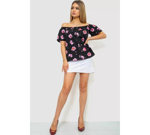 Блуза з квітковим принтом, колір чорно-бузковий, 244R088