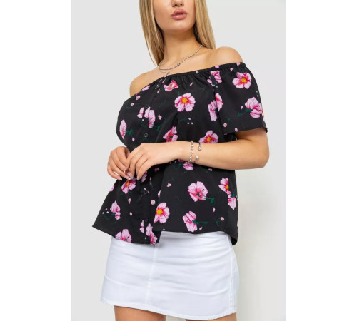 Блуза з квітковим принтом, колір чорно-бузковий, 244R088