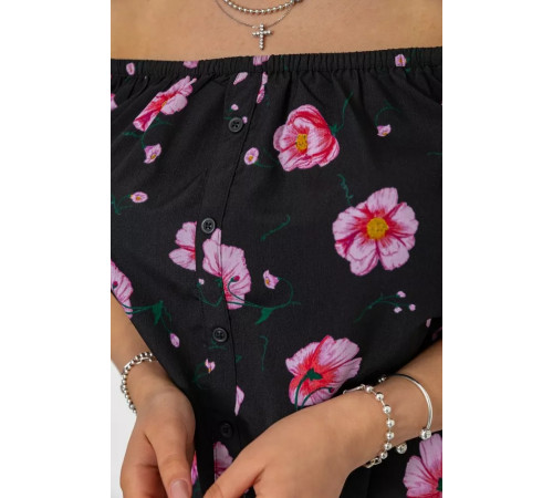 Блуза з квітковим принтом, колір чорно-бузковий, 244R088