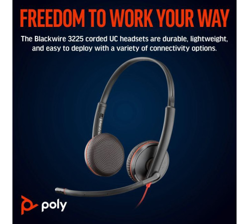 Навушники Poly BlackWire C3225 USB-C HS Stereo +3.5mm Plug +USB-C/A Adapter (Bulk) Black (8X229A6)