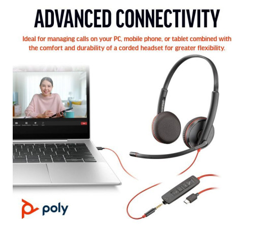 Навушники Poly BlackWire C3225 USB-C HS Stereo +3.5mm Plug +USB-C/A Adapter (Bulk) Black (8X229A6)