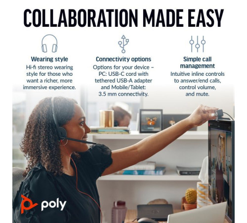 Навушники Poly BlackWire C3225 USB-C HS Stereo +3.5mm Plug +USB-C/A Adapter (Bulk) Black (8X229A6)