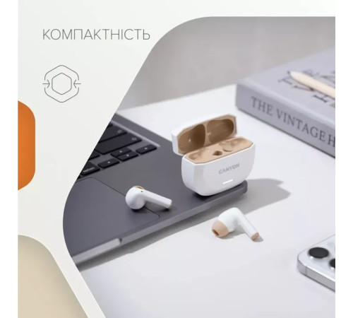 Наушники Canyon Hexagon 7 TWS ANC+ENC Wireless Charge White/Beige (CNS-TWS7WB)