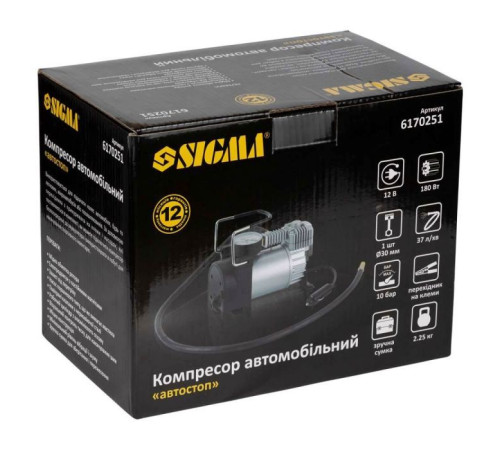 Автомобільний компресор Sigma 12В, 180Вт, 37л/мин, 10бар (6170251)