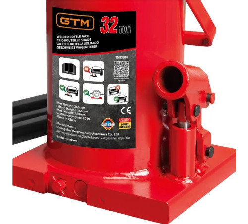 Домкрат GTM гідравлічний пляшковий 32т (260-420мм) (TH93204)