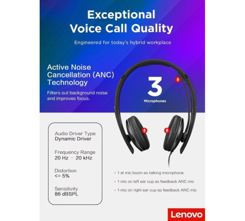Навушники Lenovo Wired ANC Headset Gen 2 (Teams) Black (4XD1M45627)