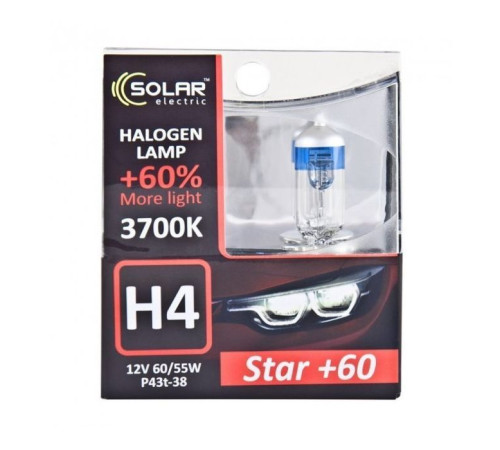 Автолампа SOLAR H4 12V 60/55W P43t-38 Starlight + 60, (1234S2)