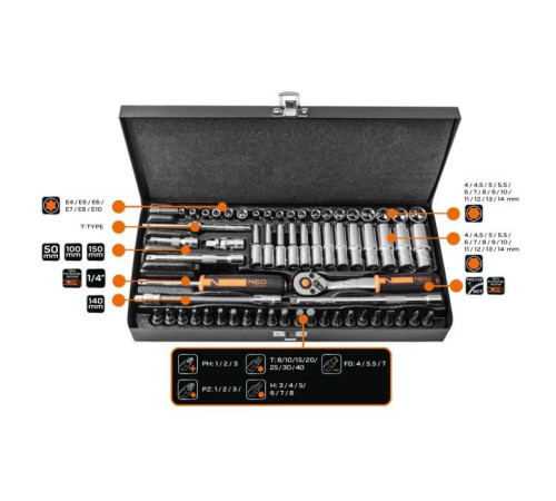 Набір інструментів Neo Tools 63шт, 1/4", CrV, металевий кейс (10-008)