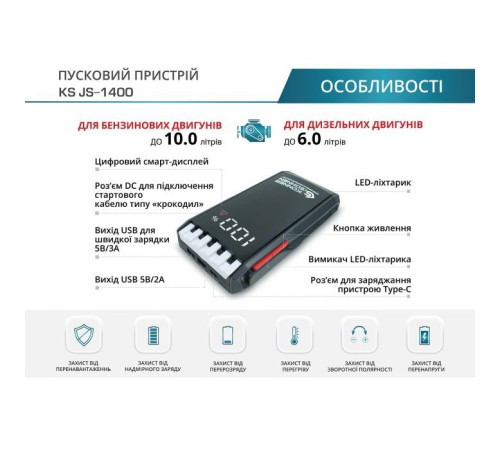 Пуско зарядний пристрій Konner&Sohnen портативний KS JS-1400, 18000mAh, струм 700А/пік 1400А, 0.95кг (KSJS-1400)