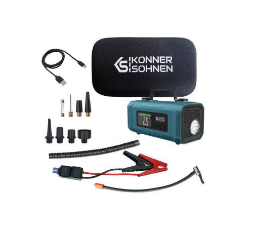 Пуско зарядний пристрій Konner&Sohnen портативний KS JSP-2000 з компресором, 15В, 14800mAh, струм 800А/пік 2000А, USB, 22л/хв, 1.6кг (KSJSP-2000)