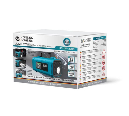 Пуско зарядний пристрій Konner&Sohnen портативний KS JSP-2000 з компресором, 15В, 14800mAh, струм 800А/пік 2000А, USB, 22л/хв, 1.6кг (KSJSP-2000)