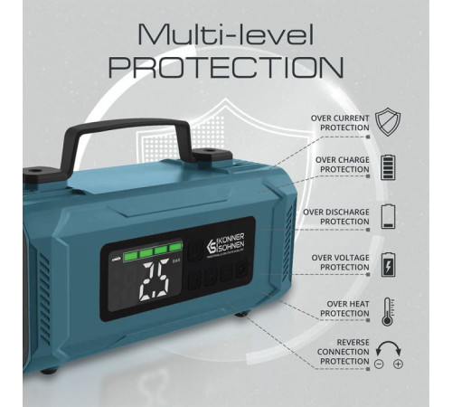 Пуско зарядний пристрій Konner&Sohnen портативний KS JSP-2000 з компресором, 15В, 14800mAh, струм 800А/пік 2000А, USB, 22л/хв, 1.6кг (KSJSP-2000)