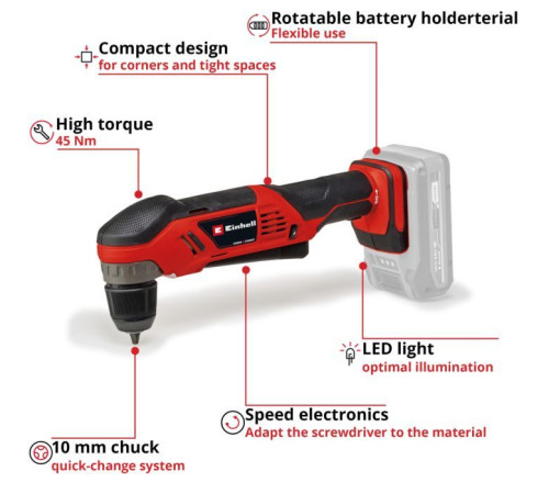 Дриль Einhell кутова TE-AD 18 Li - Solo PXC 18В, 1100 об/хв, 45Нм (без АКБ та ЗП) (4514290)