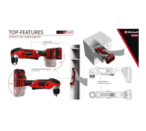 Дриль Einhell кутова TE-AD 18 Li - Solo PXC 18В, 1100 об/хв, 45Нм (без АКБ та ЗП) (4514290)