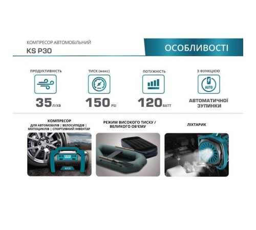 Автомобільний компресор Konner&Sohnen KS P30, 12В, 120Вт, 150psi, 35л/хв, 1.8кг (KSP30)