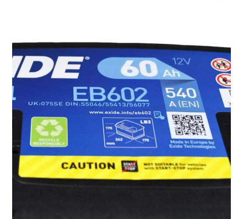Акумулятор автомобільний EXIDE EXCELL 60Ah Н Ев (-/+) (540EN) (EB602)